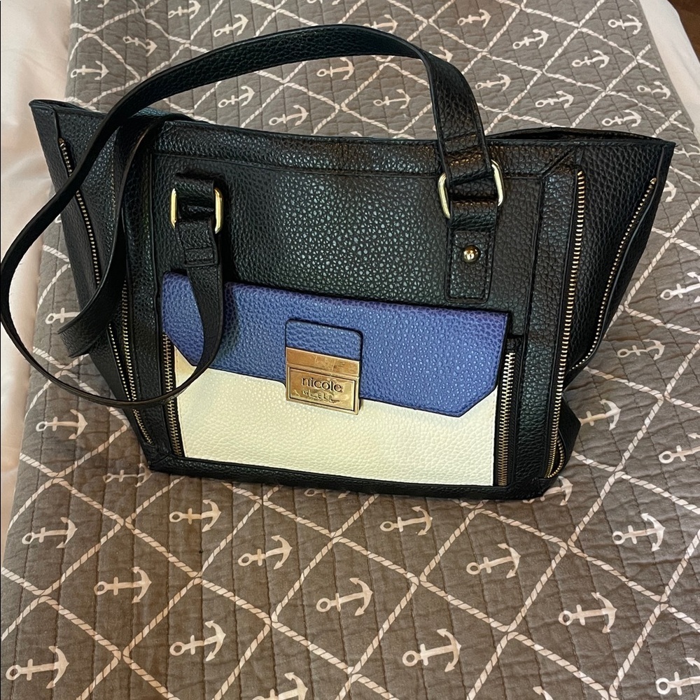 Nicole Miller Black, Blue, and Cream Tote